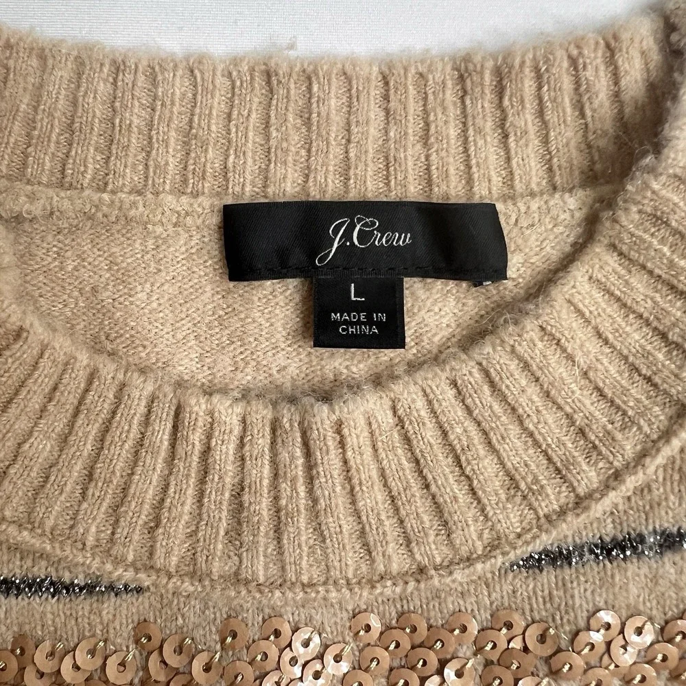 J CREW Soft Retro Beige Silver Metallic Gold Sequin Stripe Knit Sweater Sz LARGE